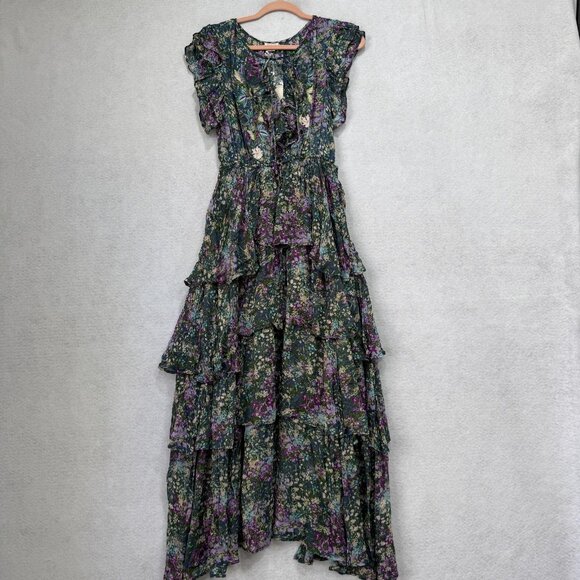 Sundance Dress Womens Small Floral Green Tiered Ruffle Maxi Boho Embroidered - Picture 1 of 10